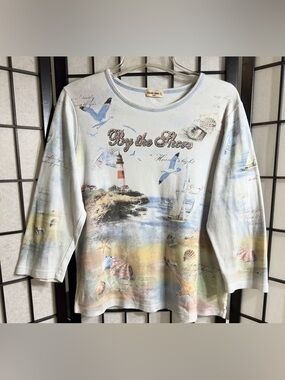 Vintage Y2K Studio Gem Q By The Shore Embellished Pale Blue Shirt Size Large